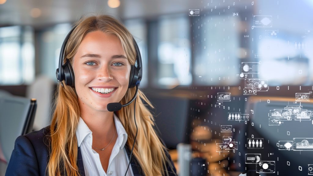 The Call Center Digital Transformation is illustrated by a happy customer service agent, with icons to show digital aspects of the modern age