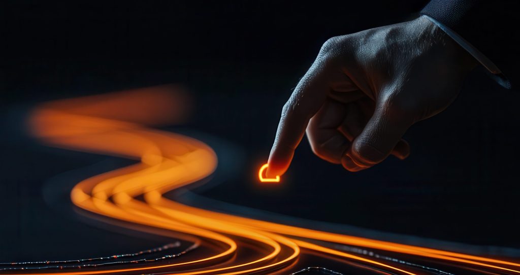 A glowing roadmap symbolizes the steps to start the digital transformation of a call center. A hand places a marker, illustrating the current status of the transition.