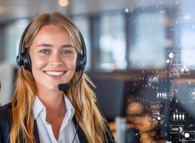 The Call Center Digital Transformation is illustrated by a happy customer service agent, with icons to show digital aspects of the modern age