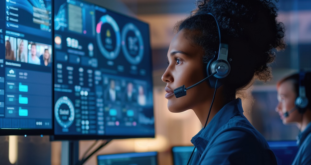 A customer service agent reviews a computer screen showing intent recognition results from real-time analysis