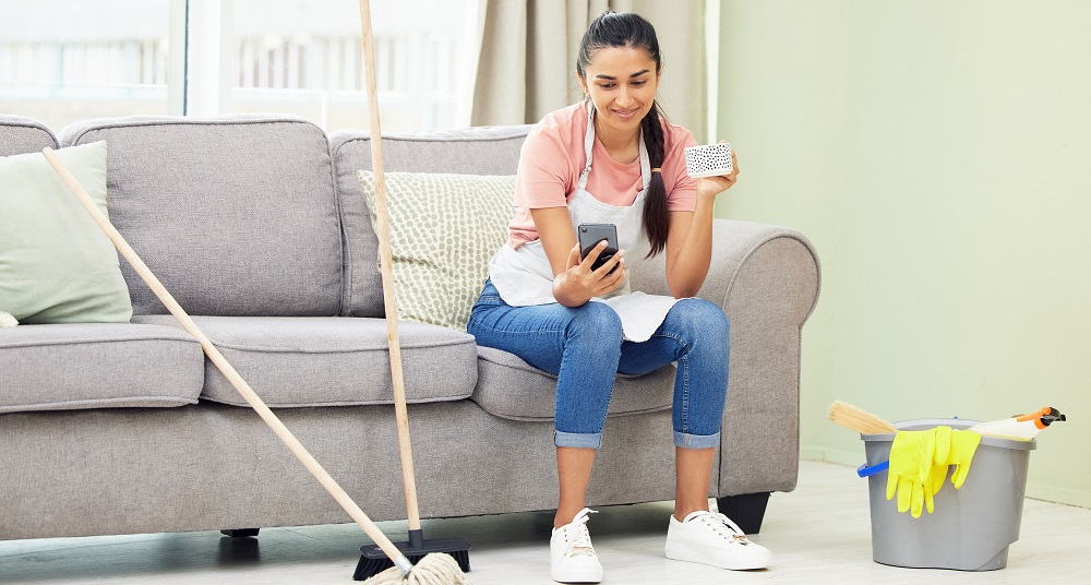 A housekeeper connects to a customer service team during her break using an omnichannel messaging platform