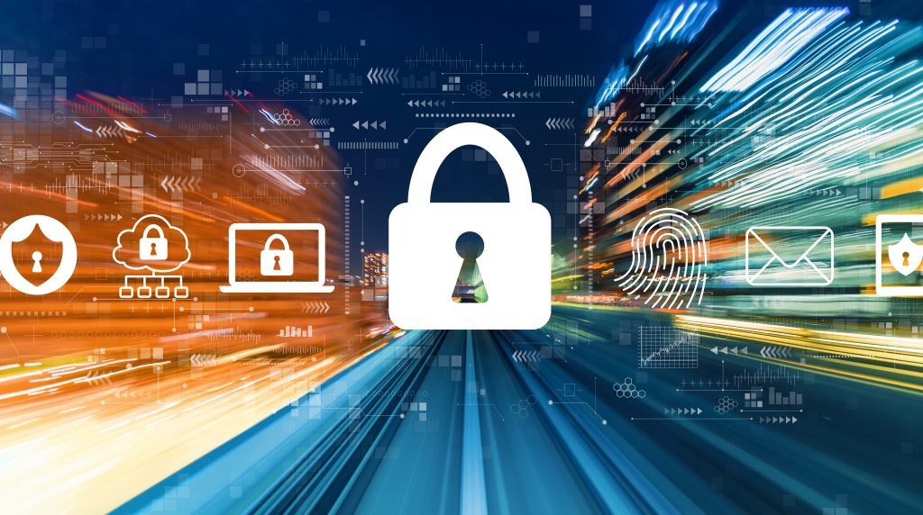 A lock icon with digital concepts behind it illustrates the importance of contact center security and compliance in the customer support industry