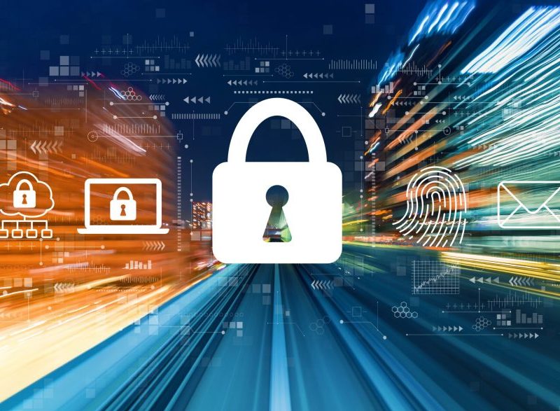 A lock icon with digital concepts behind it illustrates the importance of contact center security and compliance in the customer support industry