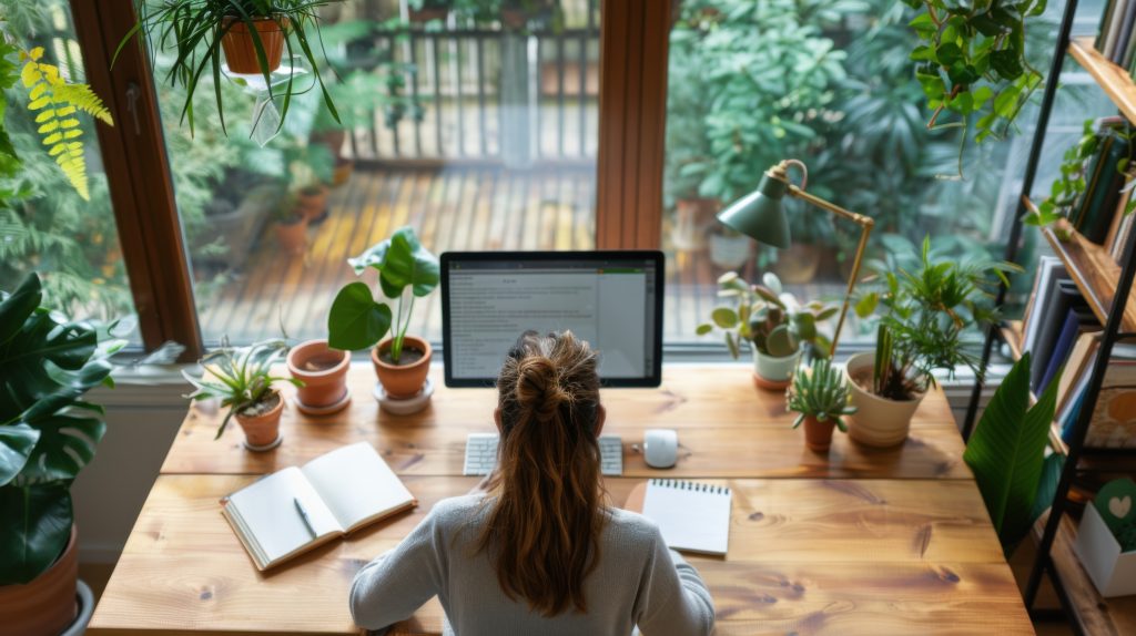 A woman working at a home office desk surrounded by indoor plants, showing the value of remote and hybrid work towards going green and improving employee well-being