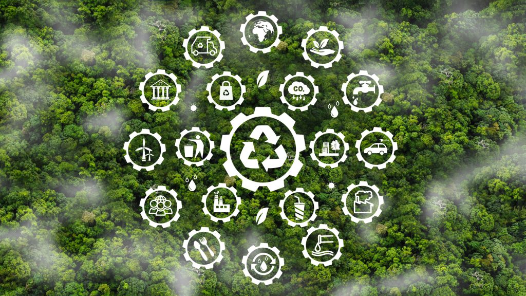 Sustainable business development concept icons shown above a green forest, illustrating the value of waste reduction initiatives in a customer service team