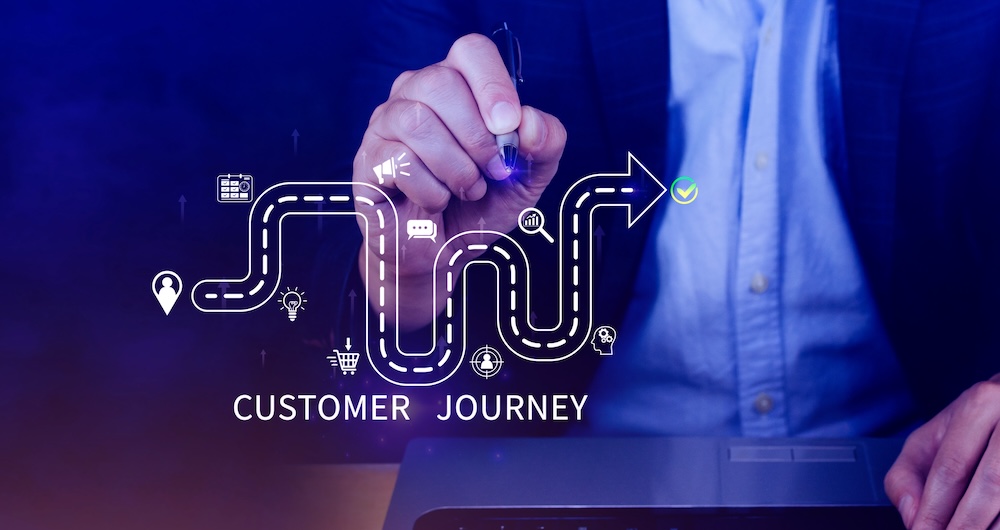 A customer service manager in a contact center draws a graphic representing a customer journey map, through each touchpoint, to show why it matters