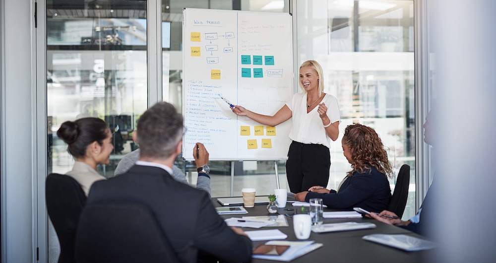 A happy customer service team diagrams the customer experience on a whiteboard as they learn how to start mapping the customer's journey