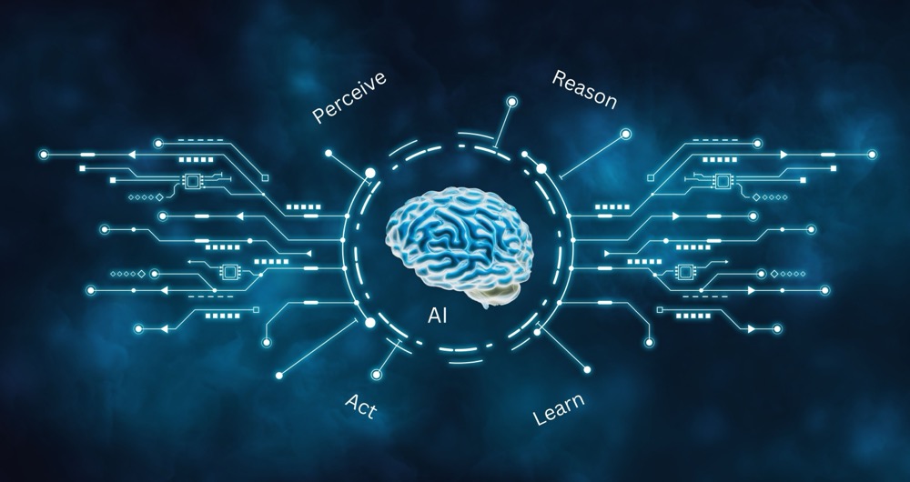 An infographic that shows the 4 part cycle or process involved in Agentic AI problem solving. The 4 steps are Perceive, Reason, Act, and Learn.